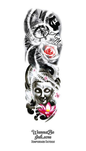 Father and Son Clock Roses Pink Lotus and Asian Goddess Temporary Sleeve Tattoos