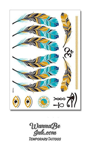 Feather and The Eye of Ra in Black Gold Blue and Silver Metallic Temporary Tattoos
