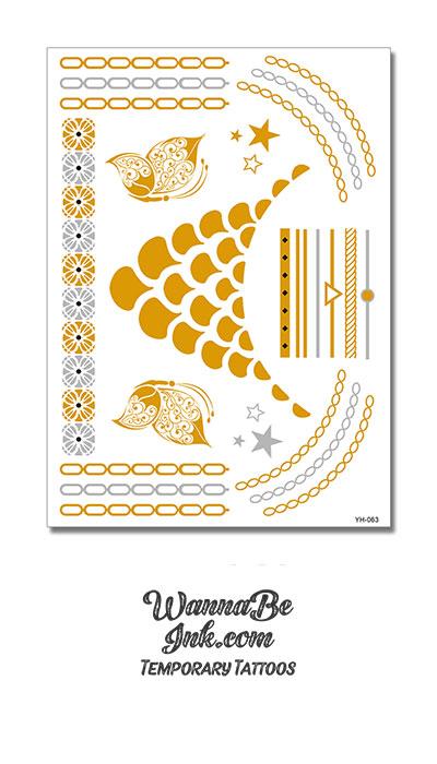 Feather Fans and Butterflies in Gold Metallic Temporary Tattoos
