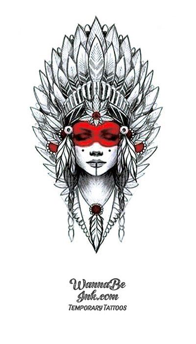 Feathered Headdress with Red Eye Covering Best Temporary Tattoos