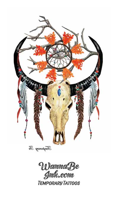 Feathered Longhorn Skull and Dream Catcher Temporary tattoos