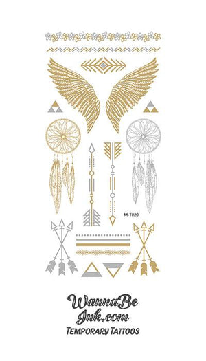 Feathers Arrows and Dream Catchers in Gold And Silver Temporary Tattoos