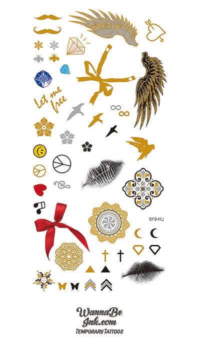 Feathers Diamonds Hearts and Flowers in Black and Gold Temporary Tattoos