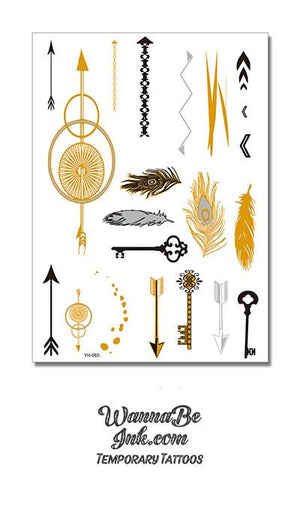 Feathers Keys and Arrows in Black and Gold Metallic Temporary Tattoos
