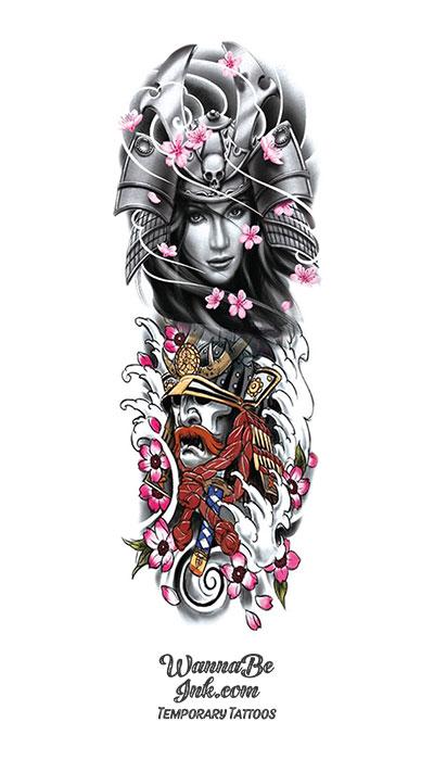 Female Samurai Kabuki Samurai with Cherry Blossoms Temporary Sleeve Tattoos
