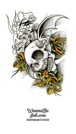 "Fierce" Bat Winged Skull and Yellow Flowers Best Temporary Tattoos