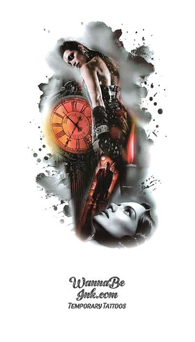 Fiery Clock with 3 Mysterious People Best Temporary Tattoos
