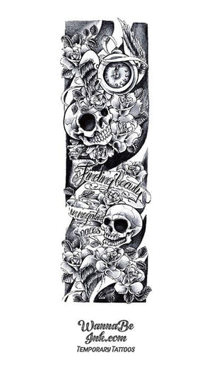"Finding Beauty in Negative Spaces" Clock Flowers and Skulls Temporary Sleeve Tattoos