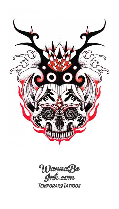 Flaming Sugar Skull With Antlers Best temporary Tattoos