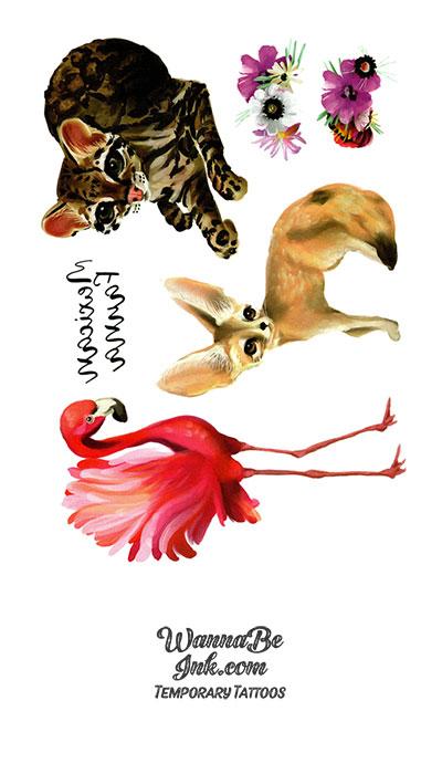 Flamingo Serval Cat and Bat Eared Fox Best Temporary Tattoos