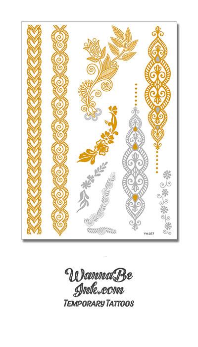 Floral and Gold Braid Patterned Arm Bands Metallic Temporary Tattoos