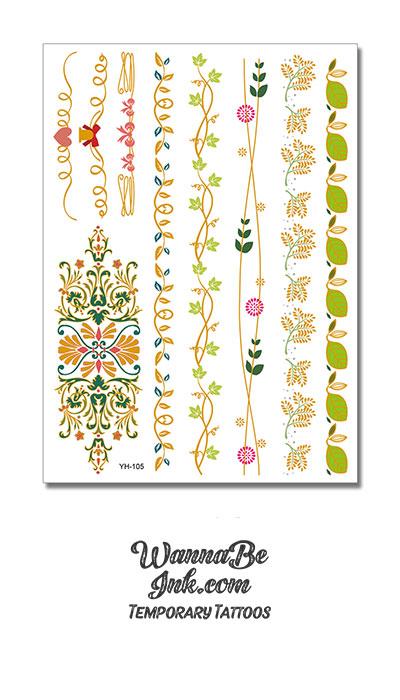 Floral and Leaves Woven Bands Metallic Temporary Tattoos