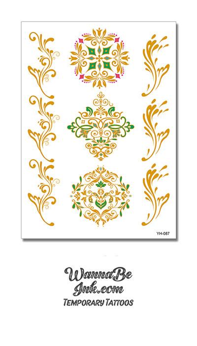 Floral Designs with Emerald Green and Red Ruby Metallic Temporary Tattoos