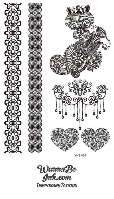 Floral Inspired Heart Lotus Hennah Style Black Temporary Tattoo Sheet