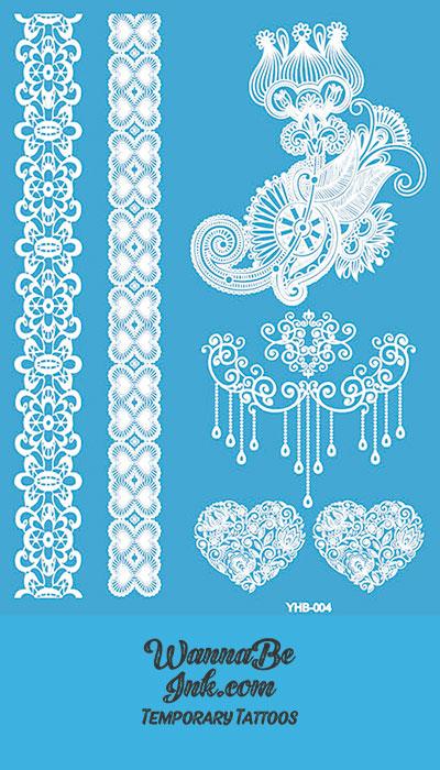 Floral Inspired Heart Lotus Henna Style White Temporary Tattoo Sheet