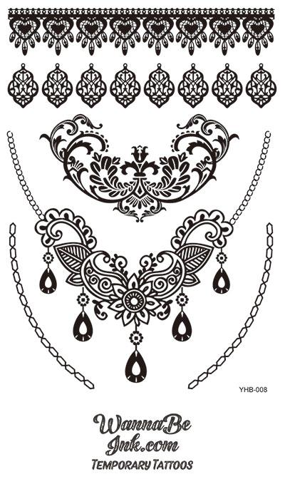 Floral Pattern Chest Henna Style Black Temporary Tattoo Sheet