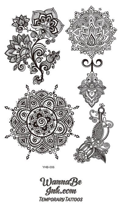 Flower Pattern Mandala Henna Style Black Temporary Tattoo Sheet ...