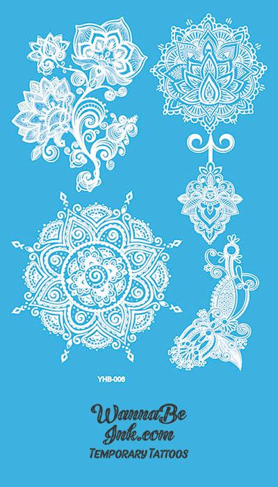 Flower Pattern Mandala Henna Style White Temporary Tattoo Sheet