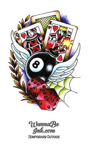 Flying 8 Ball Red Dice and Playing Cards Best Temporary Tattoos