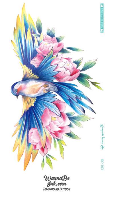 Flying Blue Bird With Pink Flower Blossoms Temporary Chest Tattoos