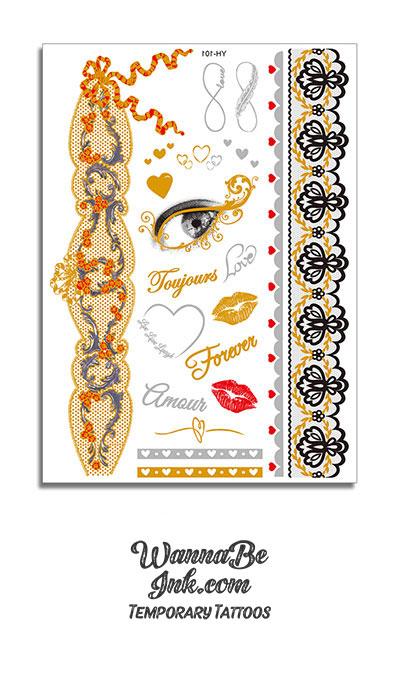 "Forever" Eye Heart Lips Key Infinity Sign and Wrist Band Metallic Temporary Tattoos