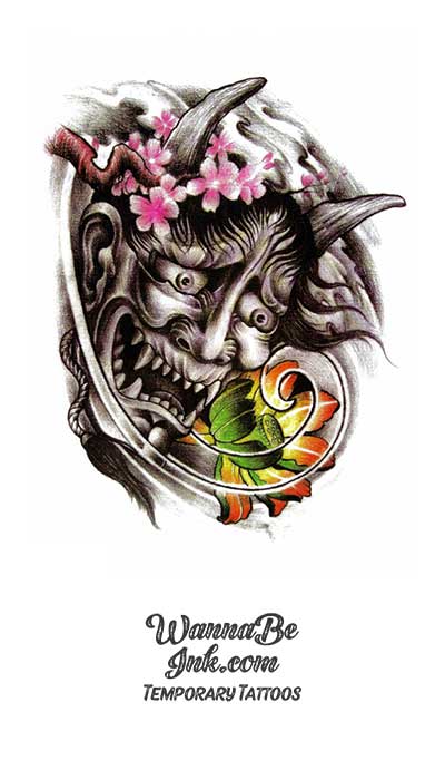 Frowning Asian Demon in Pink Cherry Blossoms Best temporary Tattoos