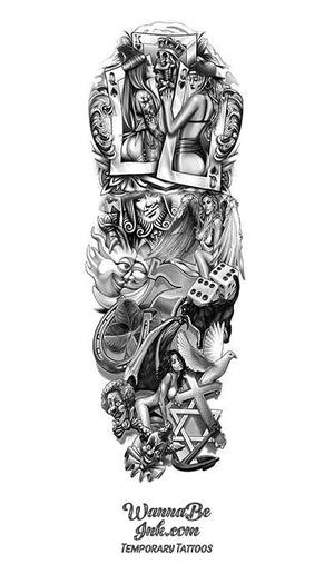 deck of cards tattoo sleeve Gambling Playing Cards Horse Shoe Four Leaf Clover Sexy Women Star of David Cross Temporary Sleeve Tattoos