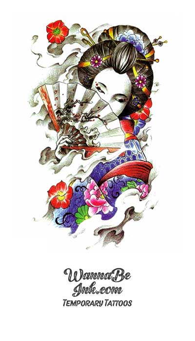 Geisha Hidden Behind Fan and Flowers Best Temporary Tattoos
