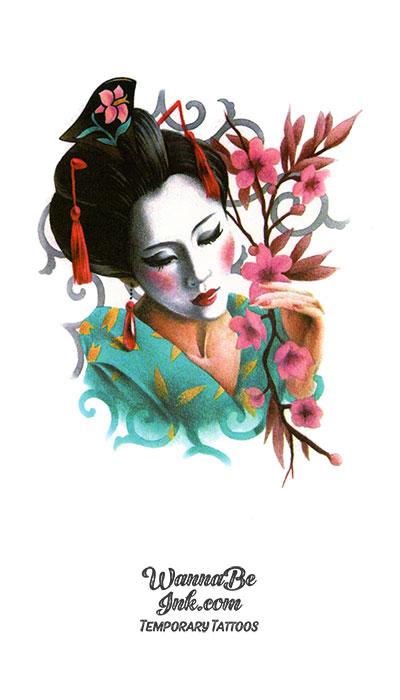 Geisha In Blue Dress With Cherry Blossoms Best Temporary Tattoos|  WannaBeInk.com