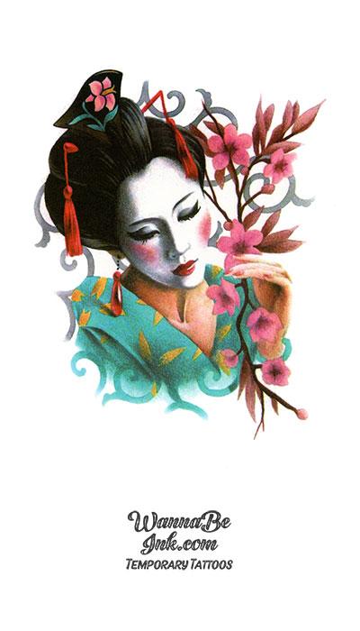 Geisha In Blue Dress With Cherry Blossoms Best Temporary Tattoos
