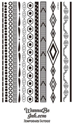 Geometric Floral Pattern Henna Style Black Temporary Tattoo Sheet