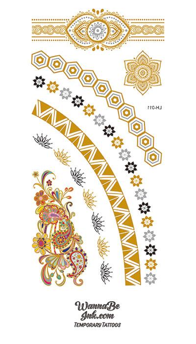 Geometric Flower and Star Designs in Metallic Black and Gold Temporary Tattoos