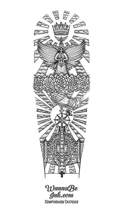 Geometric Pattern Pearly Gates Roses Angel and Crown with Rosary Temporary Sleeve Tattoos