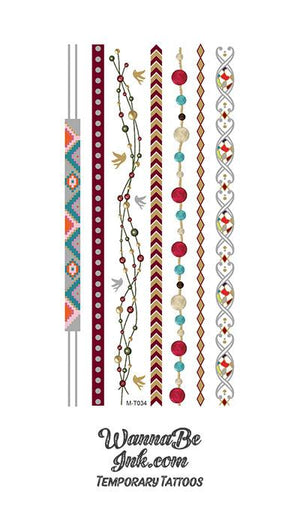 Glass Beaded and Native American Indian Design Bracelets Metallic Temporary Tattoos