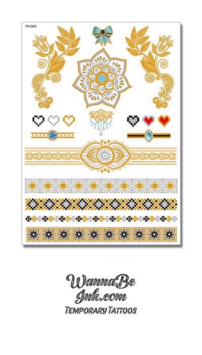 Gold and Silver Mandala Design with Black Gold and Silver Metallic Temporary Tattoos