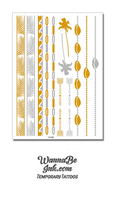 Gold and Silver Palm Fronds Waves and Sea Shells with Palm Trees Metallic Temporary Tattoos