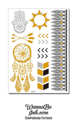 Gold Dream Catcher and Arrows with Silver Hamsa and Gold Sun Metallic Temporary Tattoos