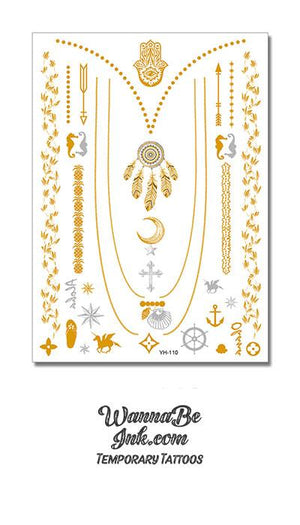 Gold Dream Catcher Necklace with Crescent Moon and Silver Cross Necklace Metallic Temporary Tattoos
