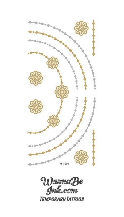 Gold Flowers and Silver and Gold Necklaces Metallic Temporary Tattoos