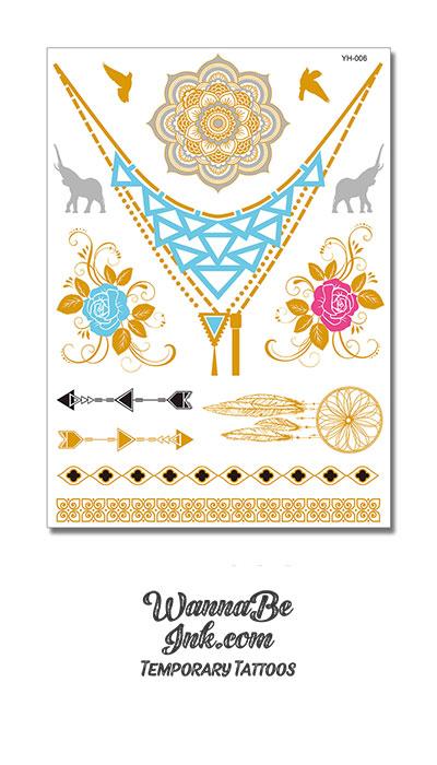 Gold Mandala with Gold Birds and Silver Elephants Arrows Flowers and Dream Catchers Metallic temporary Tattoos