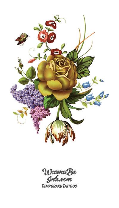 Gold Rose and Lilac Bouquet Best Temporary Tattoos