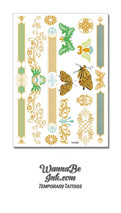 Golden Moths with Floral Patterns Metallic Temporary Tattoos