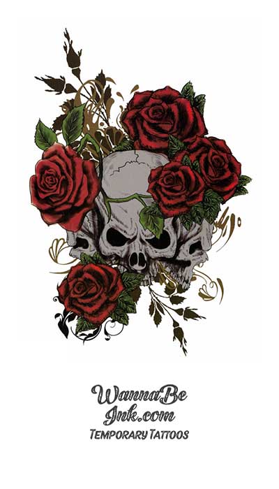 Gray Skull in Red Roses Best Temporary Tattoos