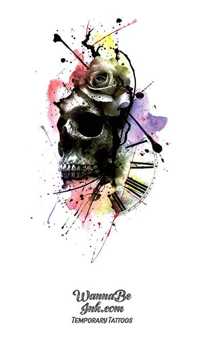 Gray Skull Wearing a Rose and Clock Best Temporary Tattoos