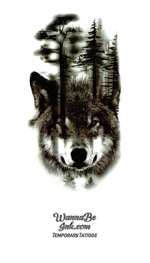 Gray Wolf and Forest Scene Best Temporary Tattoos