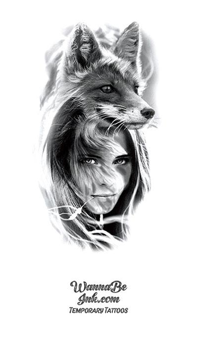 Gray Wolf On Hooded Woman Best Temporary Tattoos