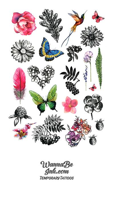 Green And Blue Butterflies With Birds and Pink Flowers Best Temporary Tattoos