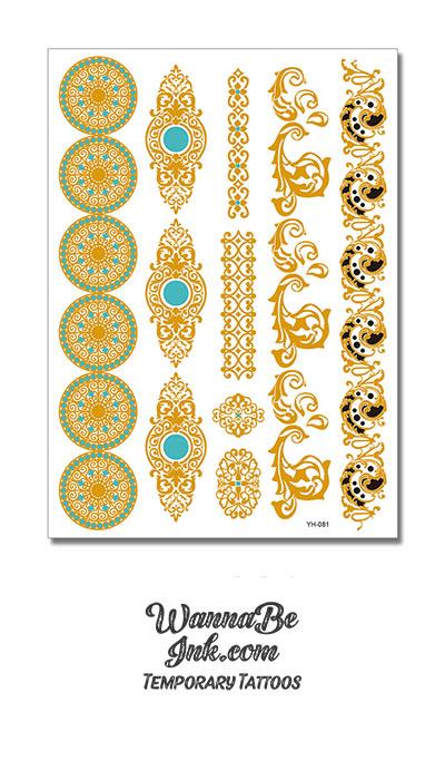 Green and Blue highlighted Sun and Floral Pattern Bands Metallic Temporary Tattoos
