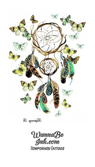 Green And Brown Dream Catcher and Butterflies Best Temporary Tattoos