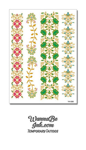 Green and Gold Emerald Band with Pink Flowered Gold Band in Metallic Temporary Tattoos